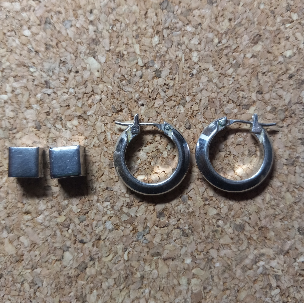 Silver Tone Huggie Hoops  Silver Tone Cube Earrings